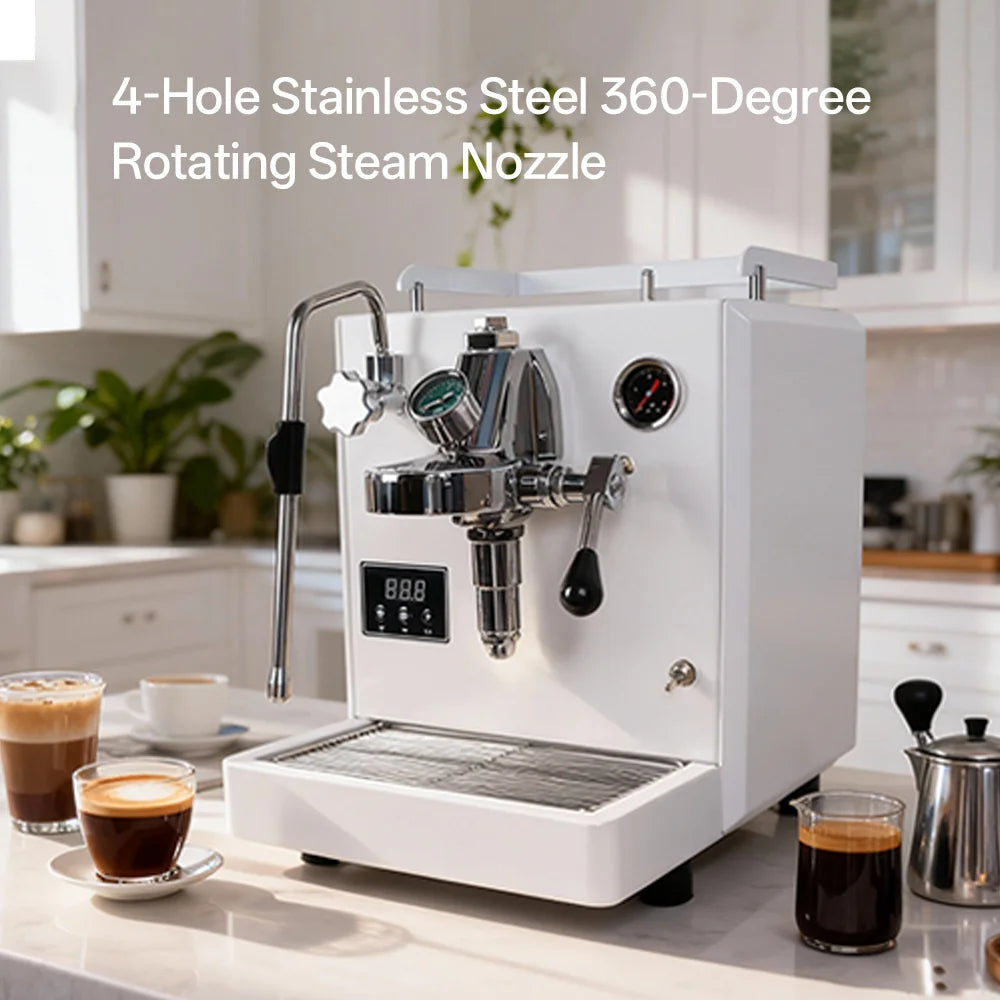 White professional espresso machine with 4-hole stainless steel rotating steam wand, digital display, and dual gauges.