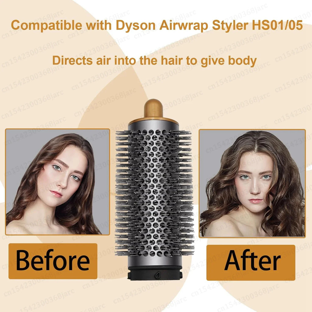 SenCiciMen X9 round volumizing hair brush attachment for Dyson Airwrap in grey with gold top. Before and after result.