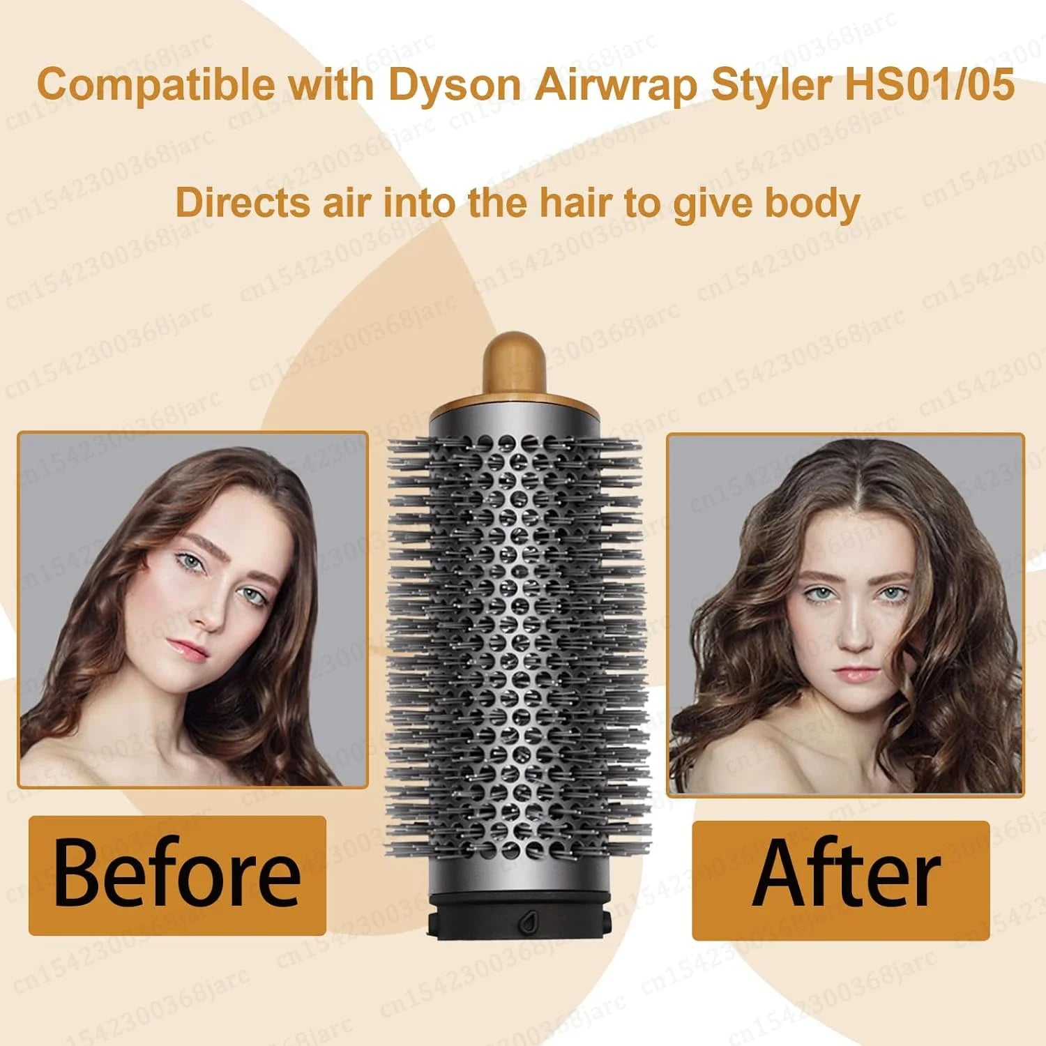 SenCiciMen X9 round volumizing hair brush attachment for Dyson Airwrap in grey with gold top. Before and after result.