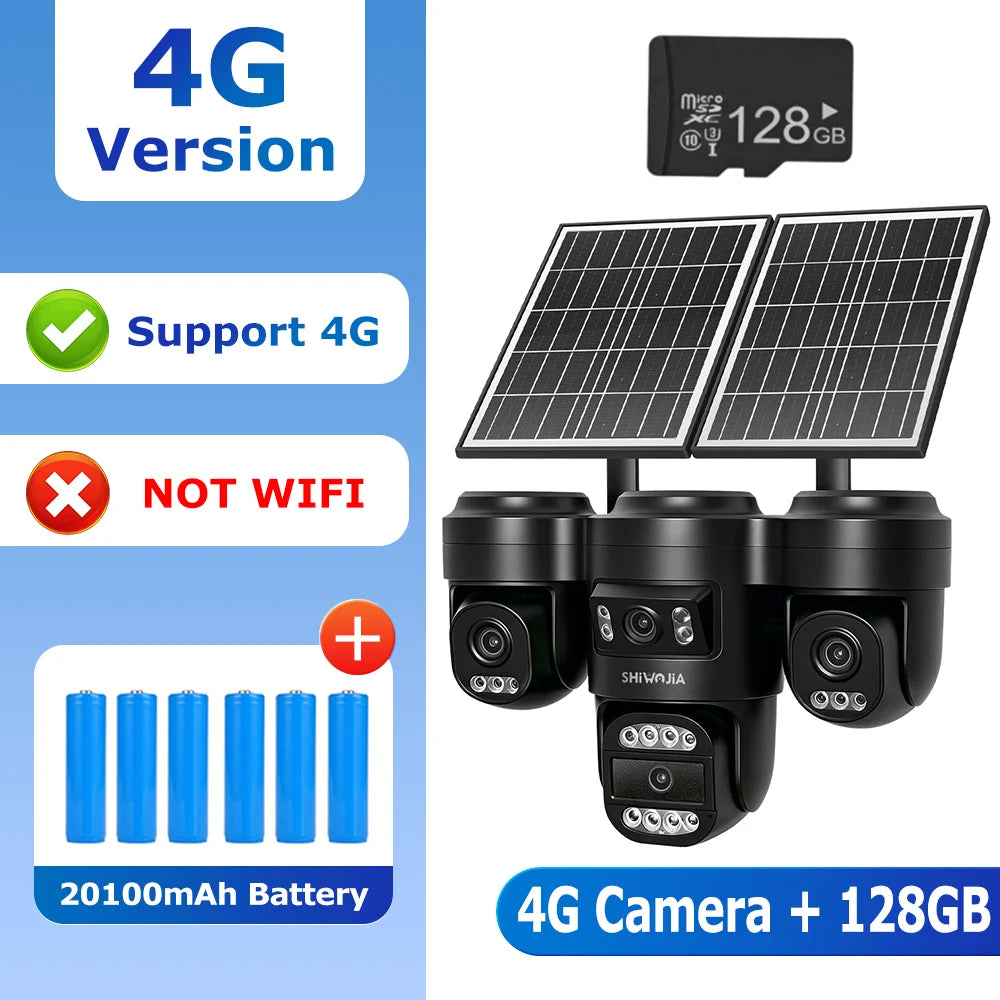4G solar security camera with quad lenses, two solar panels, microSD 128GB