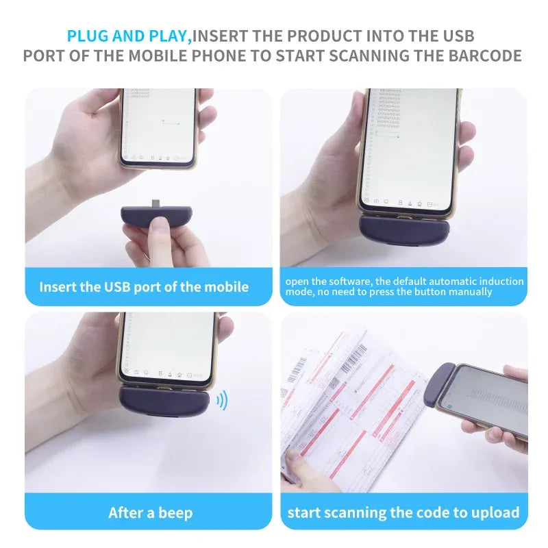 Black barcode scanner dock for inserting into a phone’s USB port and scanning