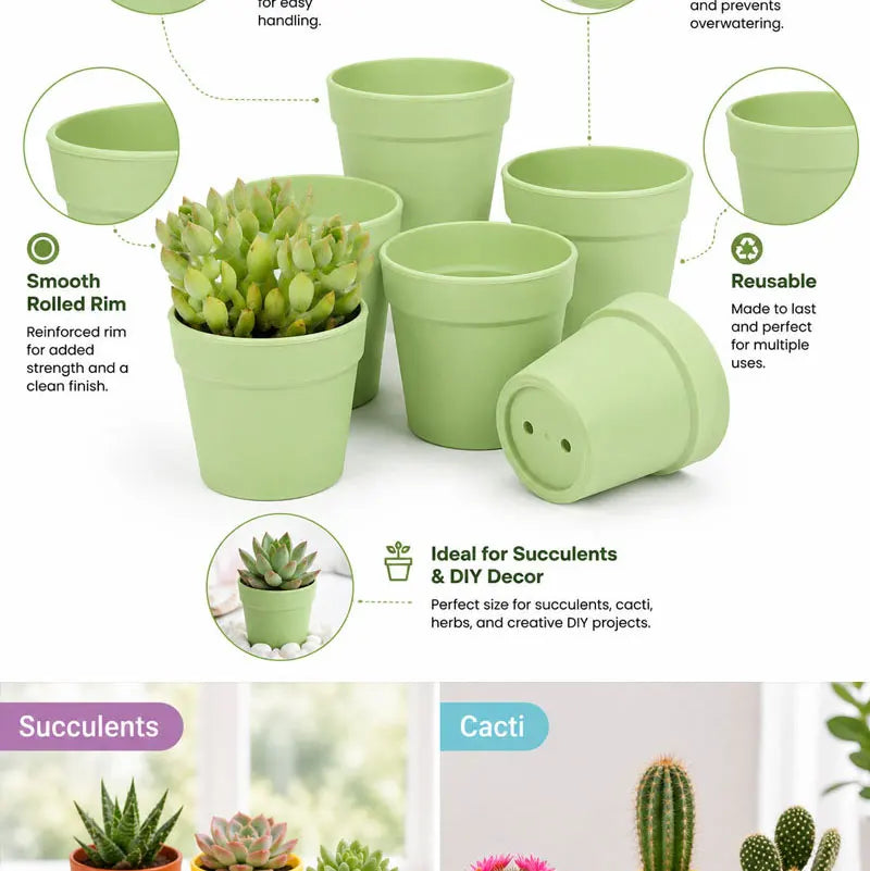 Light green mini round plastic flower pots set with smooth rolled rim and drainage holes.