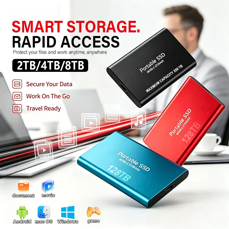 Portable External SSD 4TB High‑Speed Solid State Drive USB3.2 Type‑C Mass Storage Hard Disk 1TB 8TB 16TB for Laptop PC MAC Smart