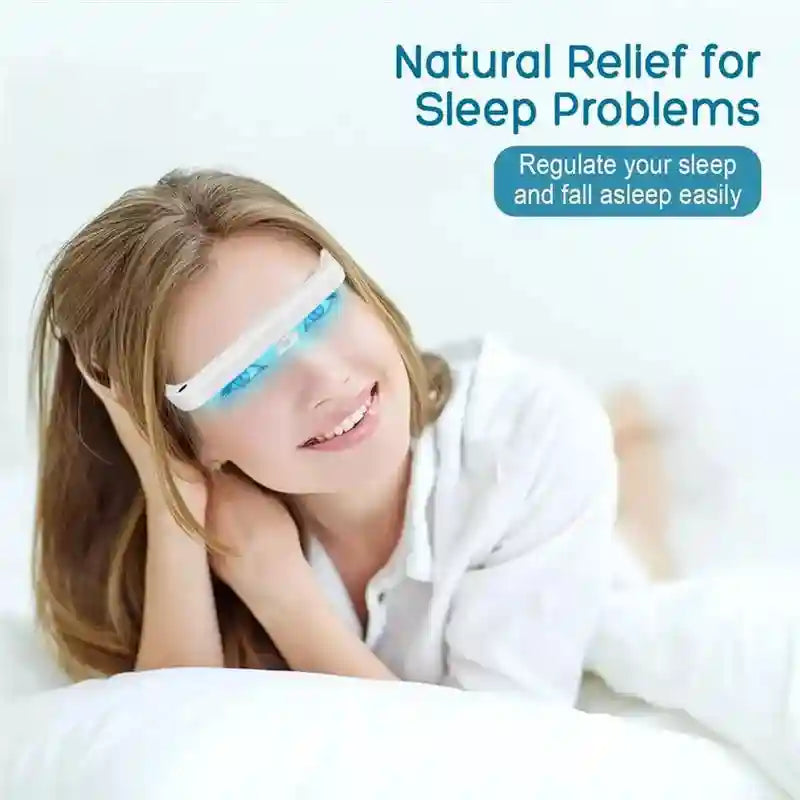 Woman wearing white UV-free blue light therapy glasses to improve sleep and boost energy in a home setting.