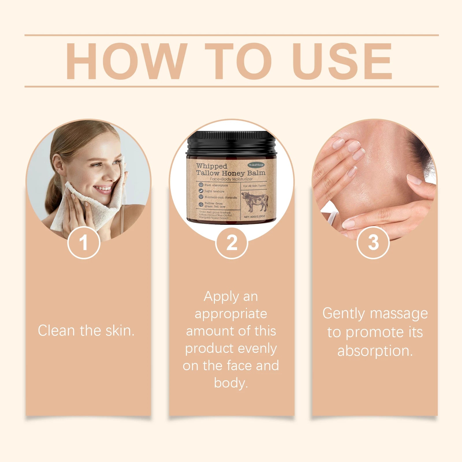 Whipped Beef Tallow Honey Balm Deeply Moisturizer Brightening Fast Absorption Grass Fed Grass Finished Face Cream Body Lotion