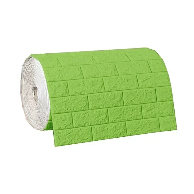 Green 3D brick self-adhesive foam wallpaper roll, embossed rectangular brick pattern