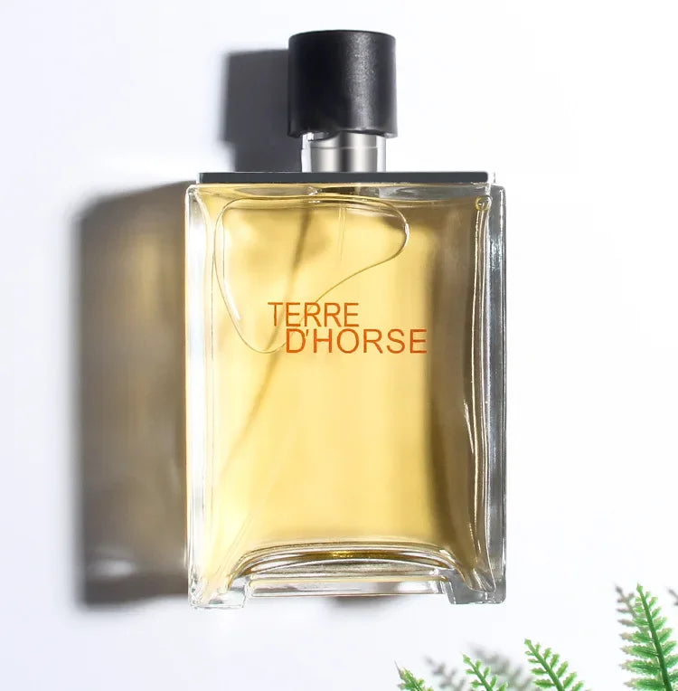 JEAN MISS Terre D'Horse men's woody fougere parfum. Rectangular glass bottle, fresh, spicy, long-lasting cologne.