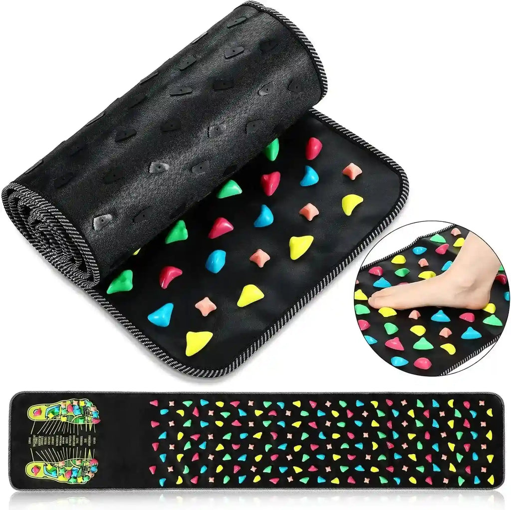 Black reflexology foot massage mat with colorful acupressure stones for home health, pain relief, and circulation.