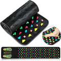 Black reflexology foot massage mat with colorful acupressure stones for home health, pain relief, and circulation.