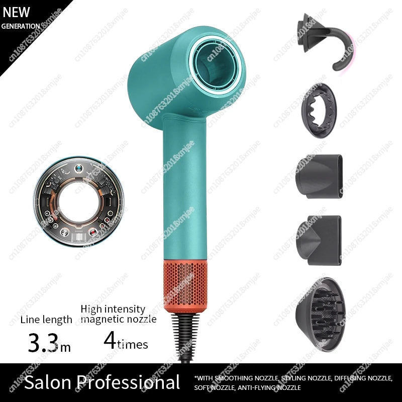 Teal leafless negative ion hair dryer with 5 magnetic styling attachments for professional salon-quality hair care.