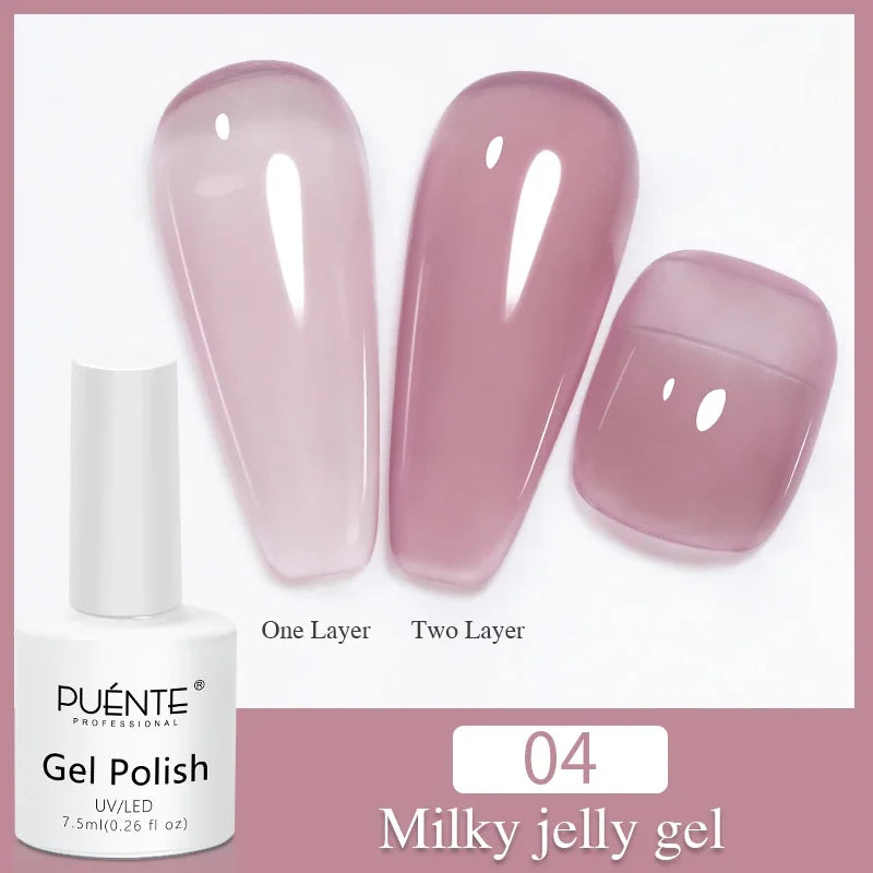 Milky jelly gel polish bottle with swatches showing one and two layers of sheer, mauve-toned translucent nail color.