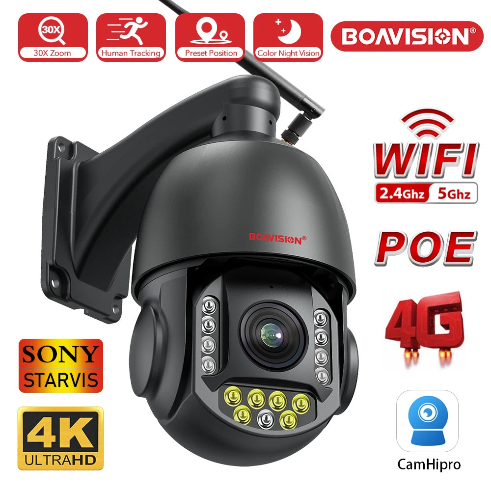 4K 8MP Surveillance Camera WIFI / 4G SIM Card / POE 30X Zoom PTZ AI Humanoid Tracking IR 100M Outdoor Speed Dome Security Camera