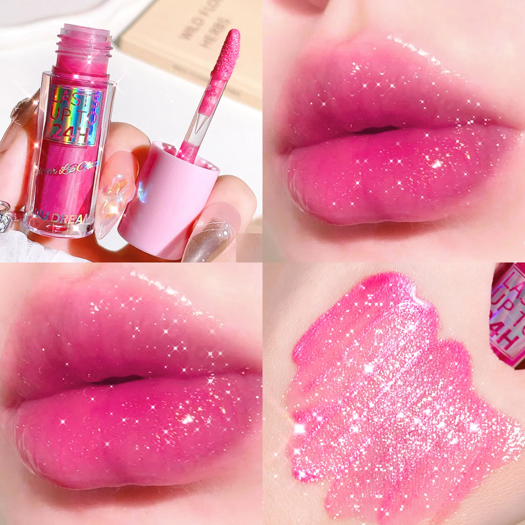 Long-lasting waterproof liquid lip glaze in glitter pink, featuring high-shine texture and sparkle finish.