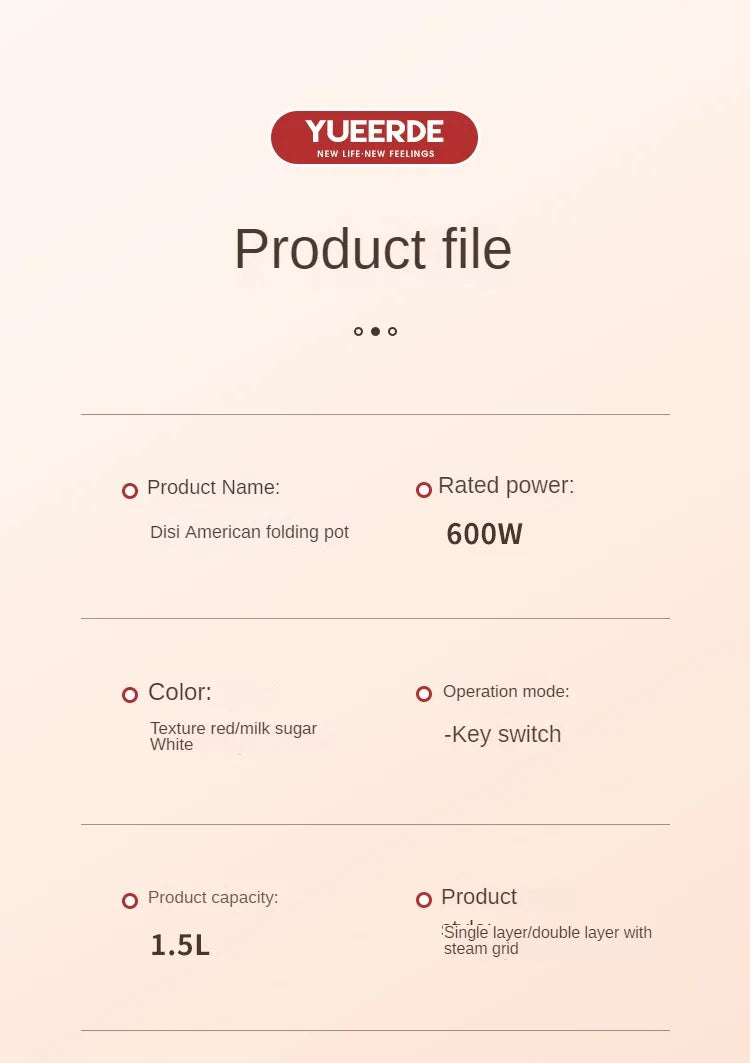 Electric folding cooking pot product specs card showing 1.5L capacity and 600W