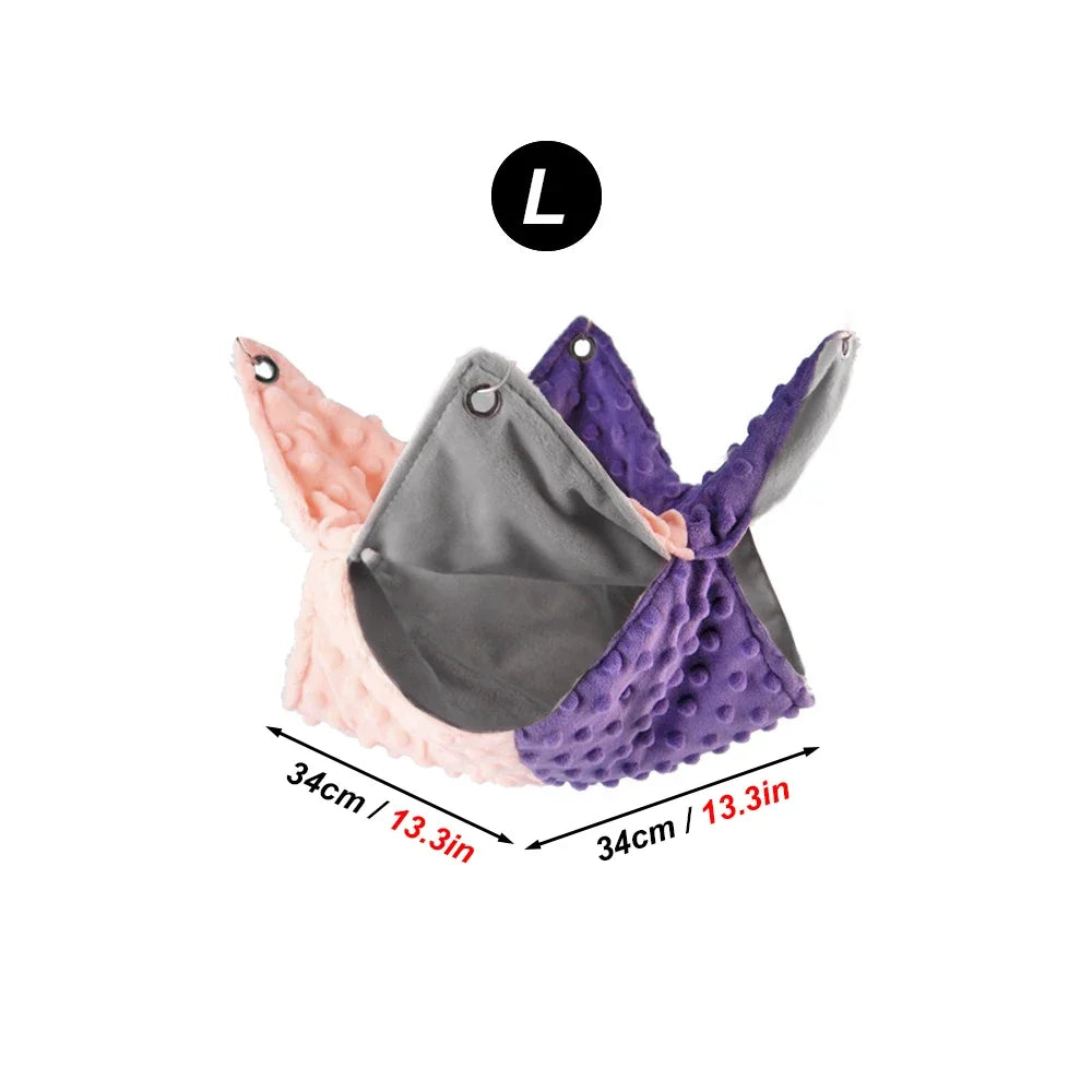 Large plush hanging hammock for guinea pigs and squirrels, double-thickened winter bed in purple and pink, 34cm.