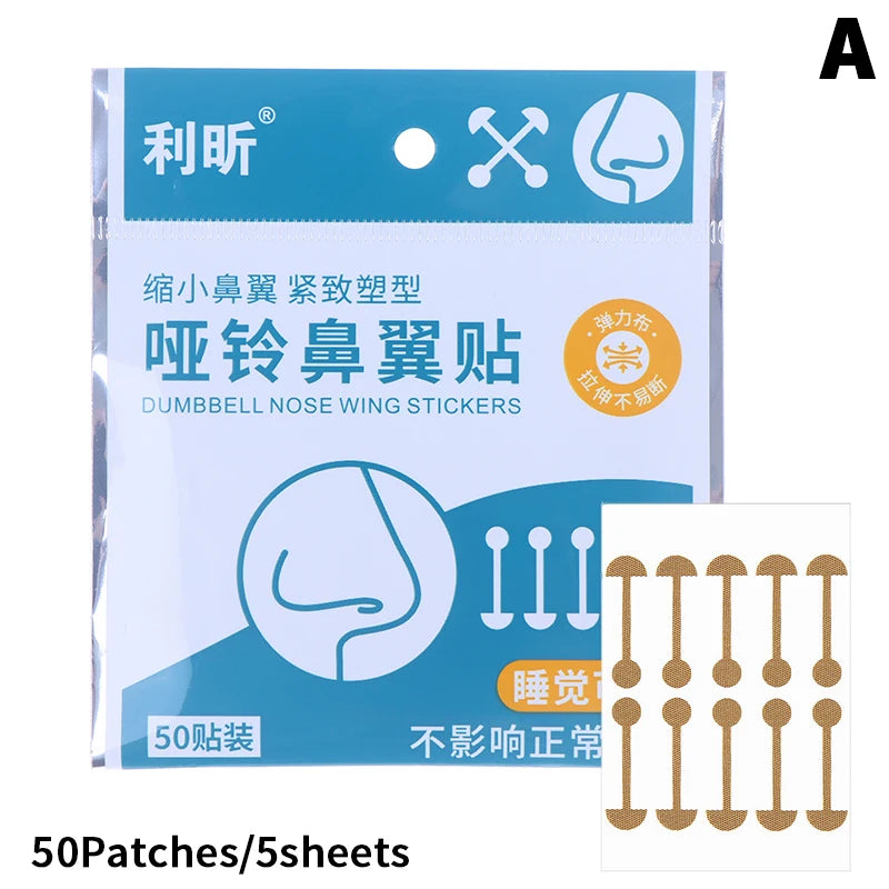 Invisible dumbbell-shaped nose wing shrink stickers, 50 tan lifting patches for narrow nose shaping and face care.