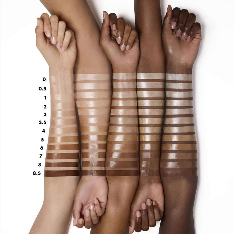 e.l.f. foundation swatches on varied skin tones, ranging from light to deep shades with a smooth, radiant finish.