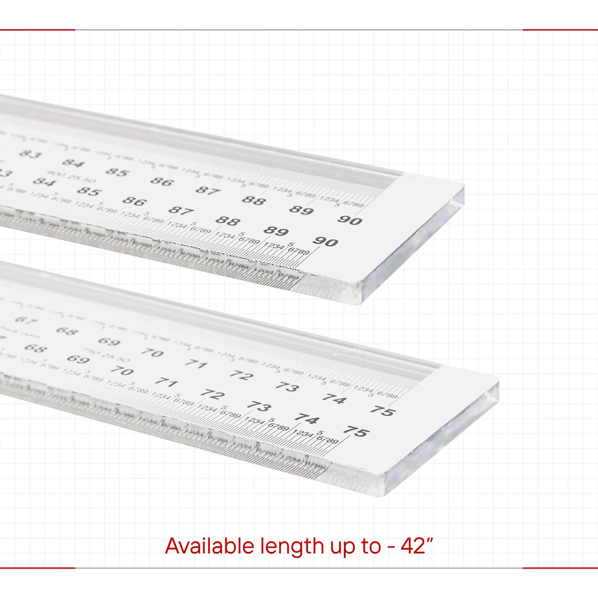 Transparent acrylic ruler with engraved measurements and beveled corner edges