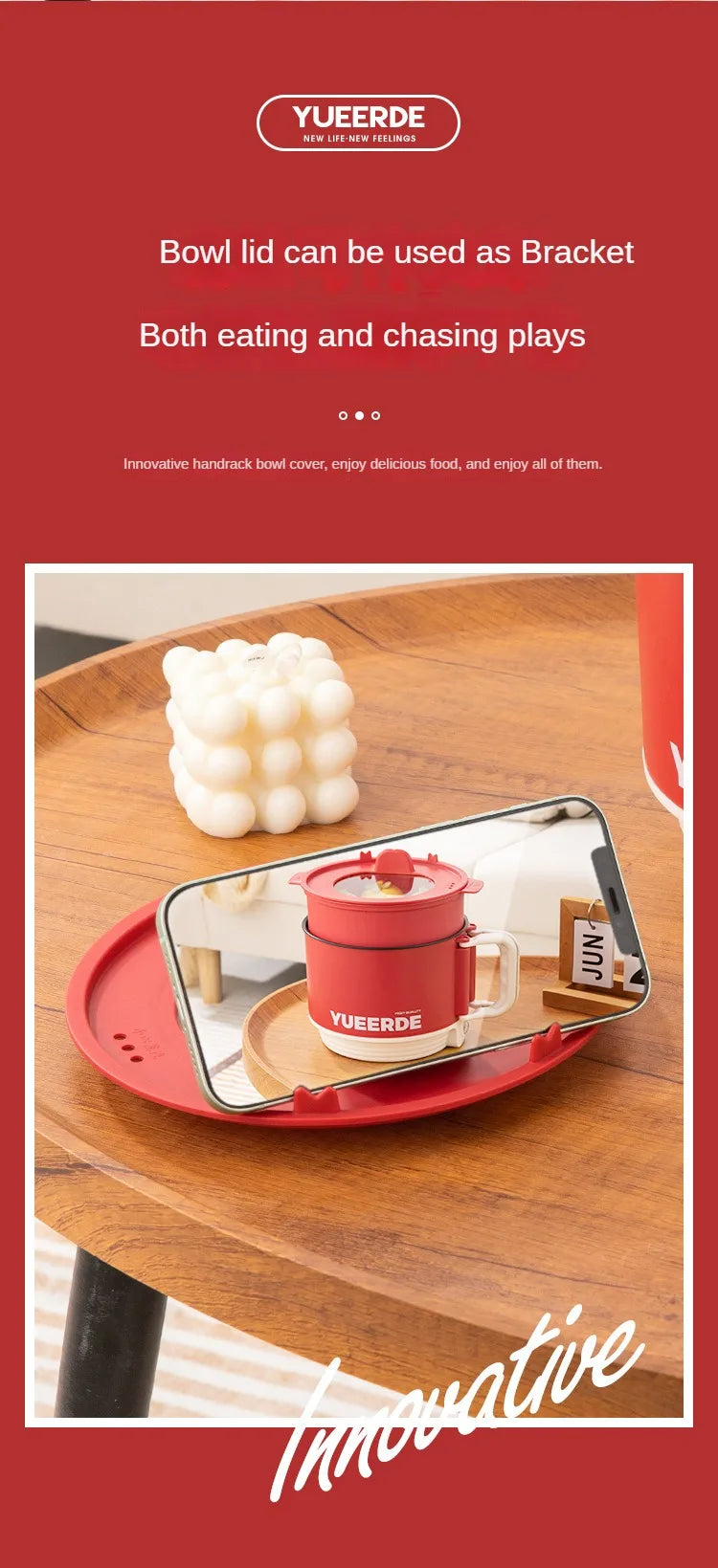 Electric folding pot cooker serving bracket setup with red lid and YUEERDE tray