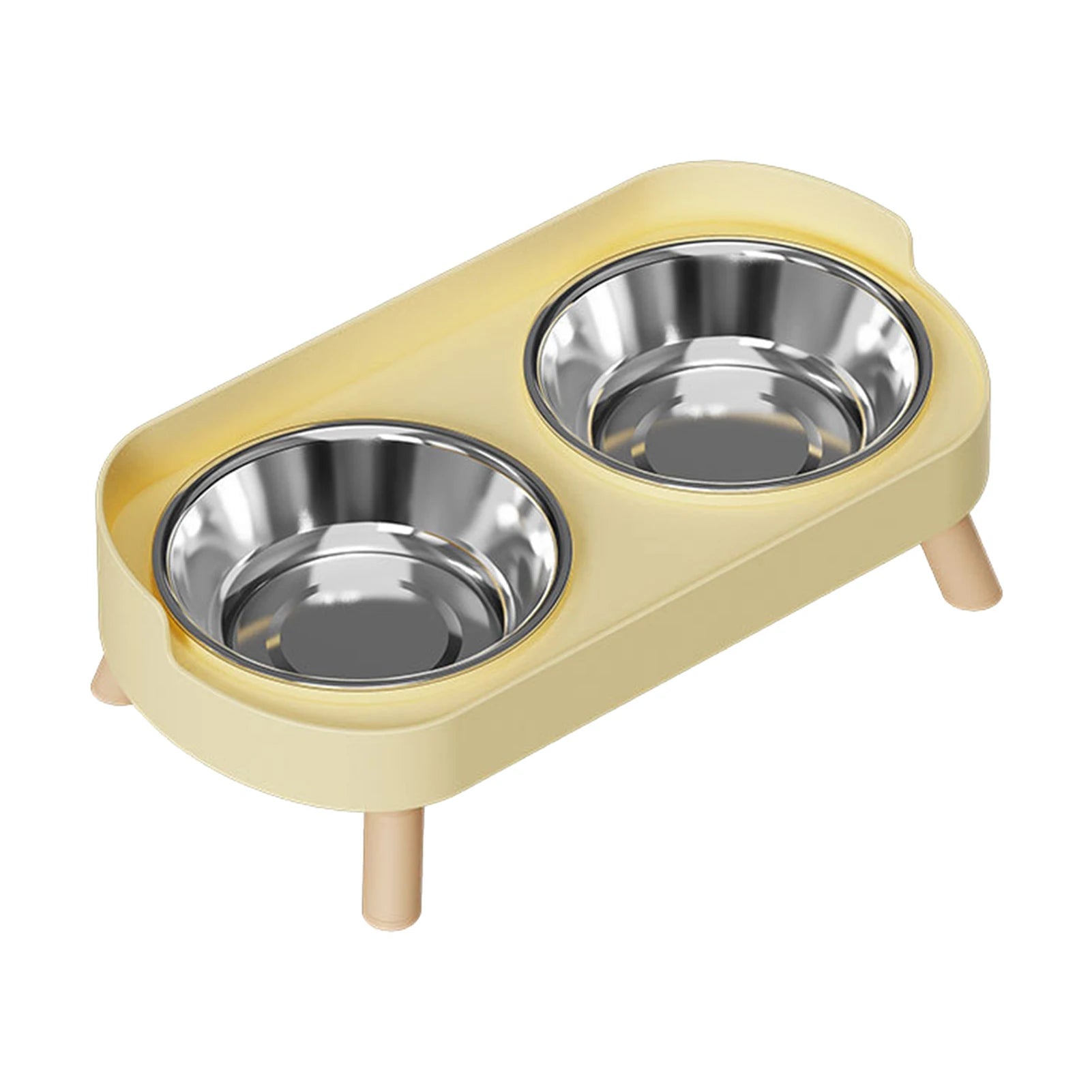 Elevated stainless steel dual pet bowl in cream for cats and dogs. Anti-slip, cervical-protecting food feeder design.