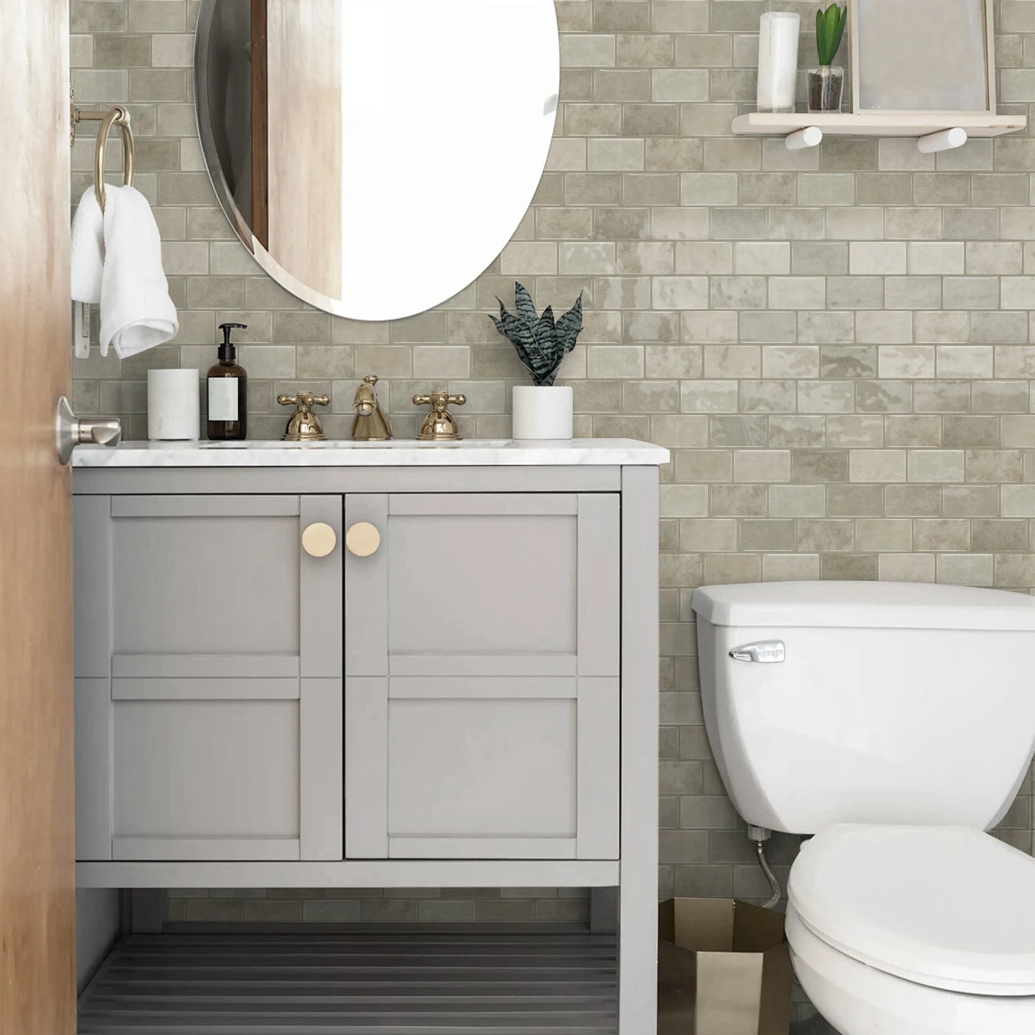 Ceramic tile sticker strip in light gray stone texture on bathroom vanity wall