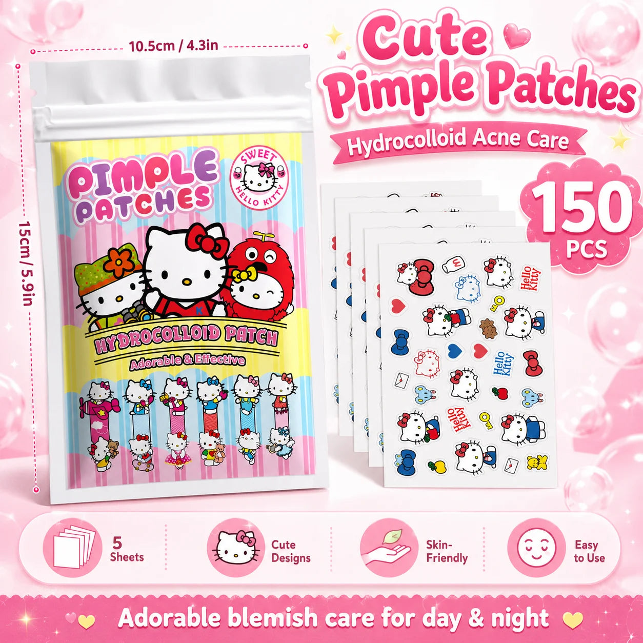 150PCS Hello Kitty Cute Face Stickers, Hydrocolloid Pimple Patches for Invisible Blemish Concealing