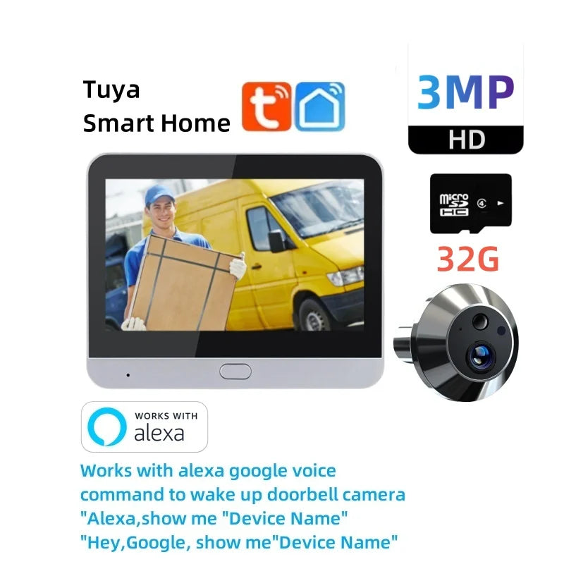 3MP HD video door peephole camera with 4.3-inch screen, silver lens and 32G microSD
