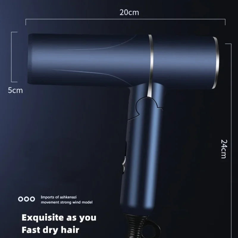Foldable 1200W blue negative ion hair dryer with sleek matte finish and compact design for travel and home use.