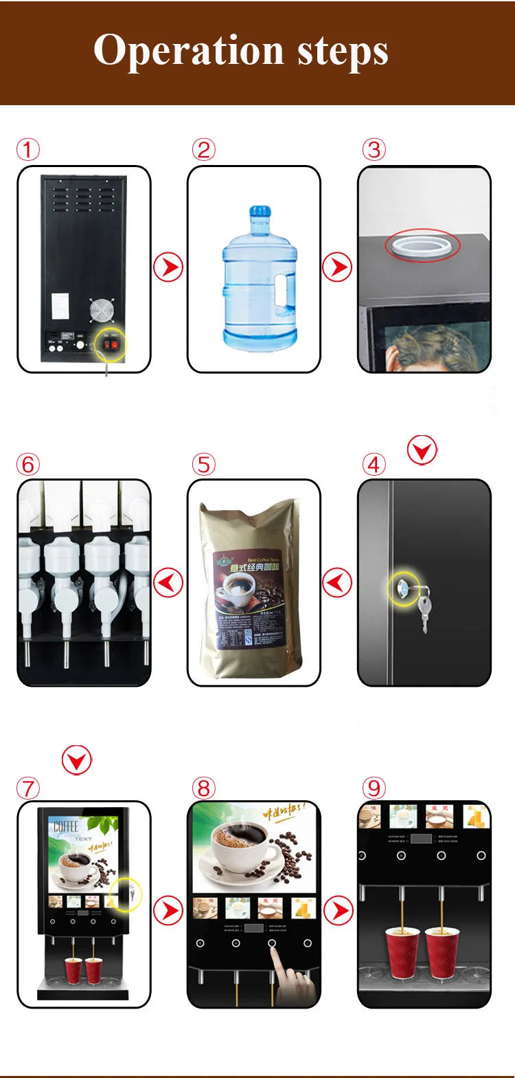 Operation steps for a black automatic commercial coffee machine with multiple flavor canisters and cup dispenser.