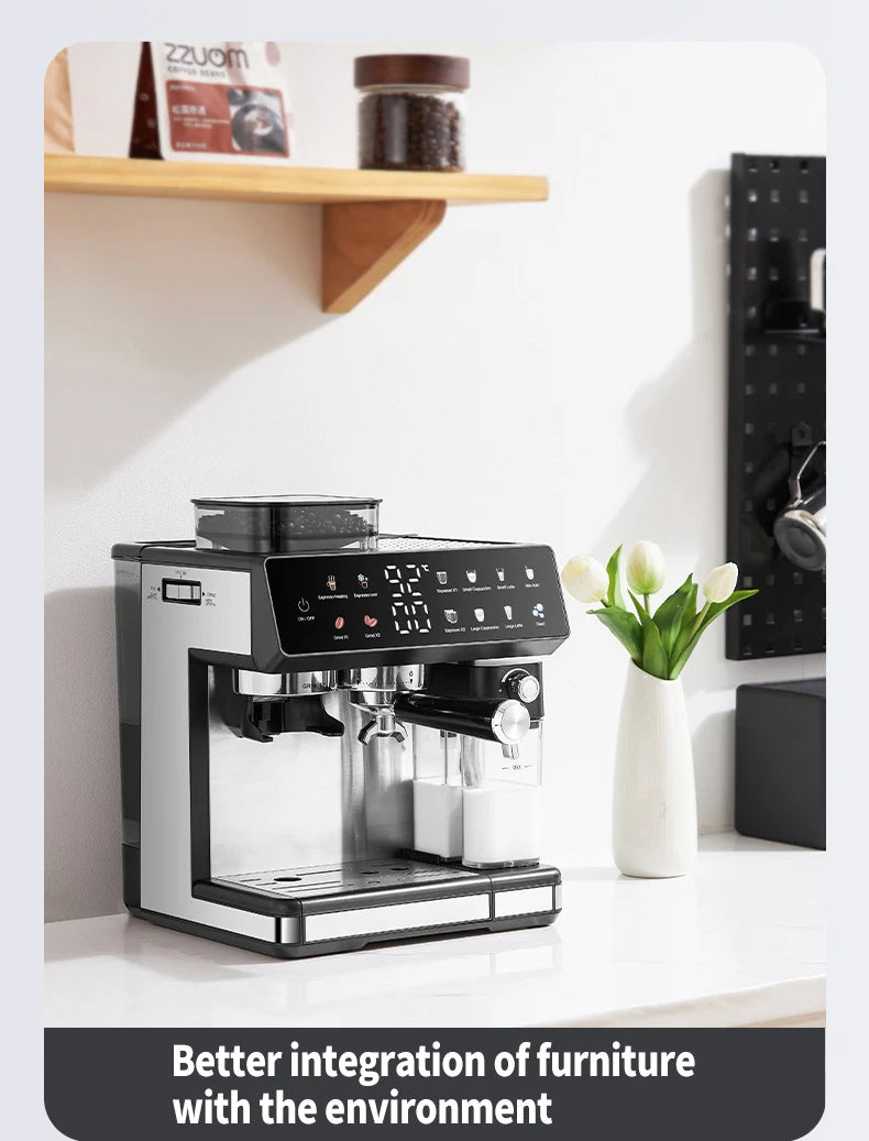 Black and stainless steel espresso machine with digital touch display and integrated milk frother on kitchen counter.