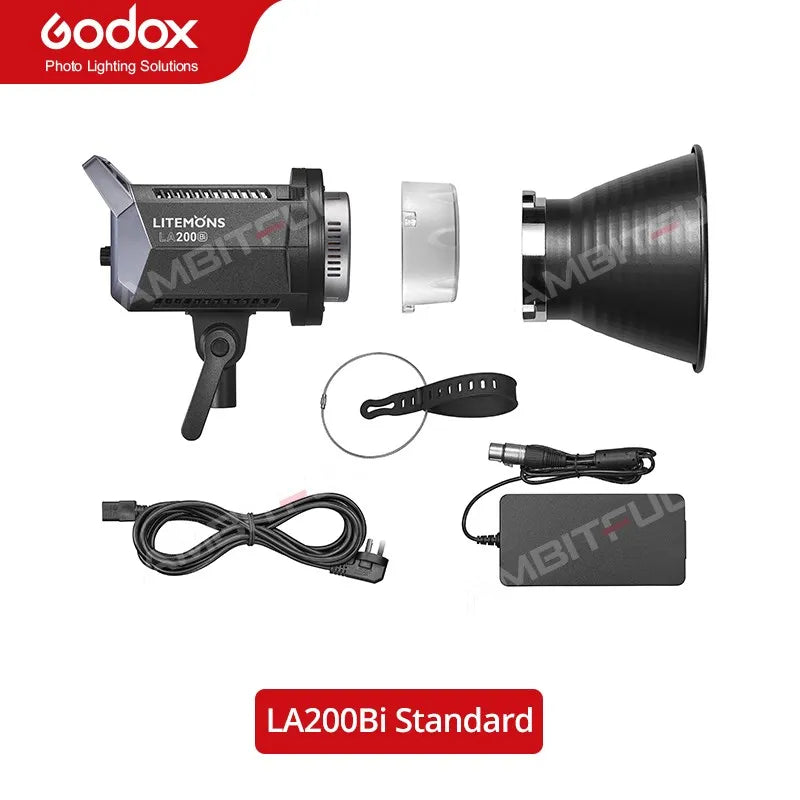 Litemons LA200Bi LED light kit with power adapter, reflector, protective cover, and power cable for studio lighting.