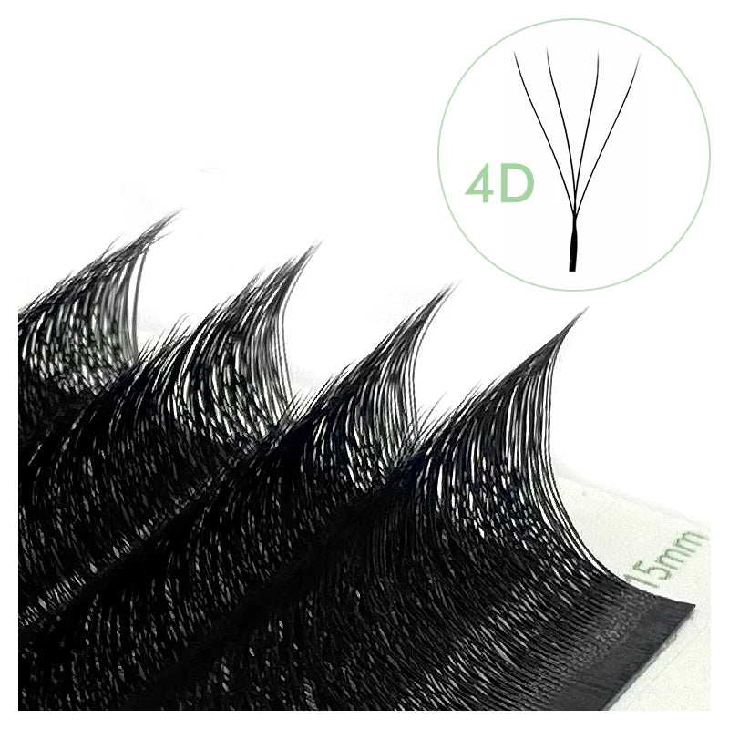 Black 4D W-shaped premade volume eyelash extension fans on a strip with 15mm length labeled in a circular inset.