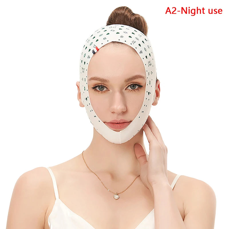 Woman wearing a beige V-line face slimming bandage with a patterned print, designed to lift the chin and cheeks.