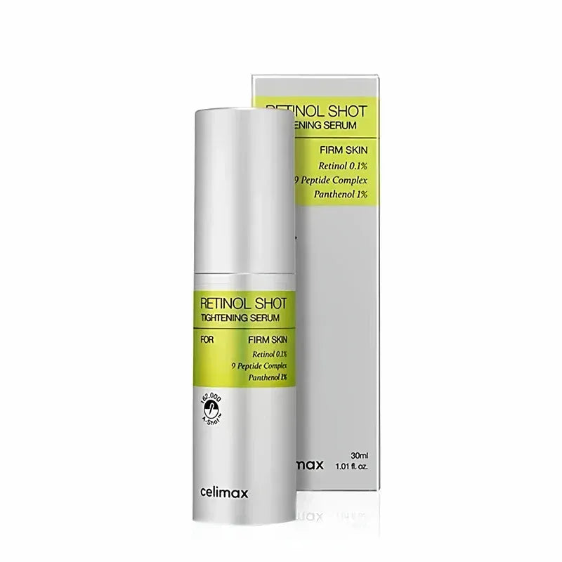 Retinol Shot tightening serum bottle with silver-and-green product box