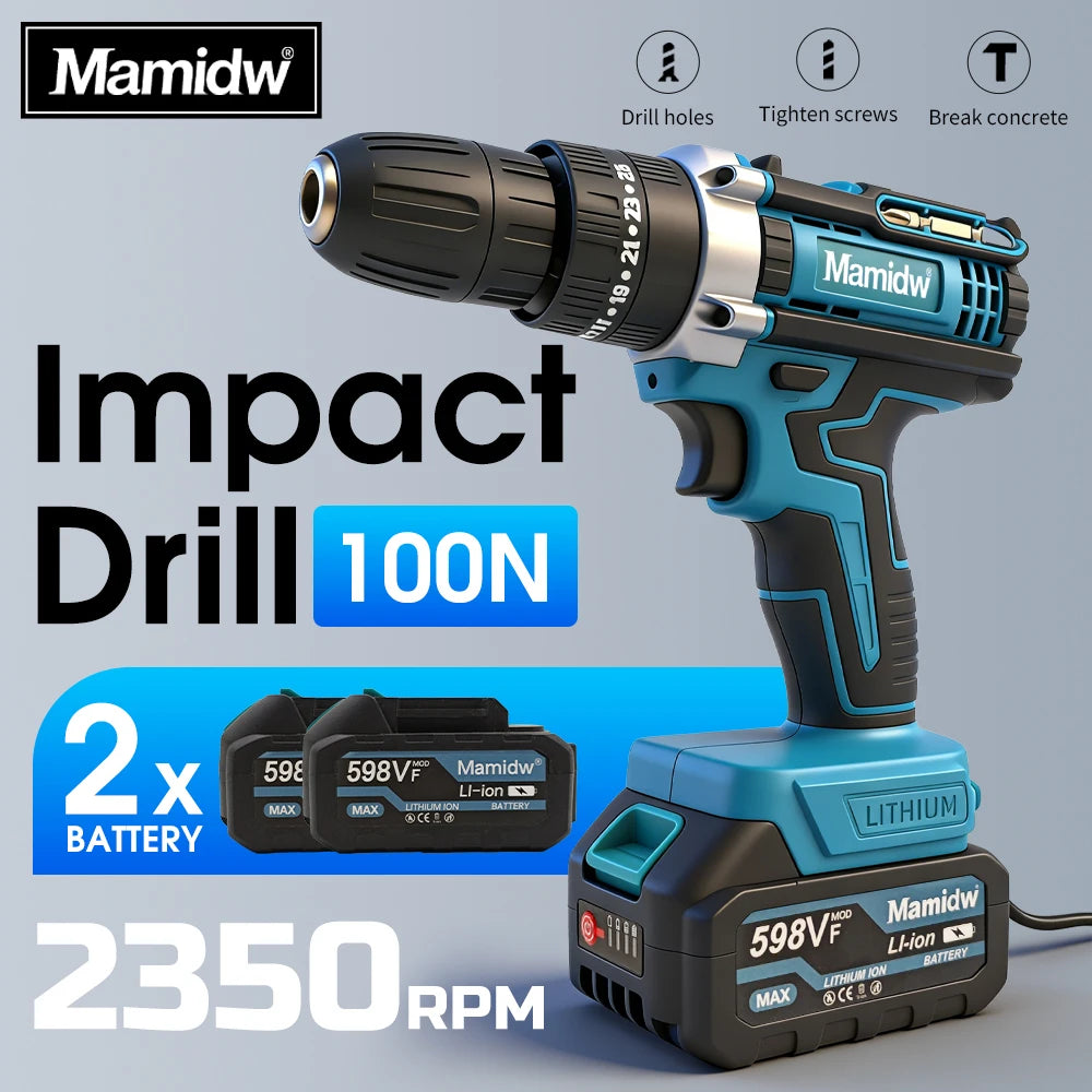 Mamidw 10mm Cordless Electric Drill 100N.m Electric Screwdriver Three Functions Impact Drill For Makita 18V Battery