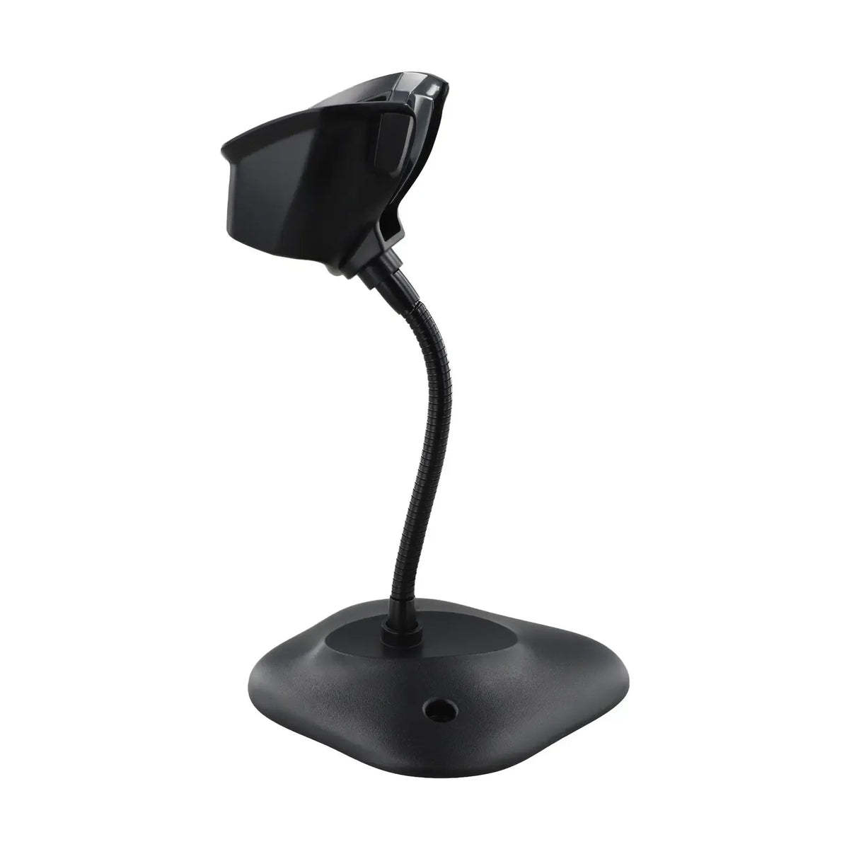 Black scanner bracket stand with tilted cradle and round base