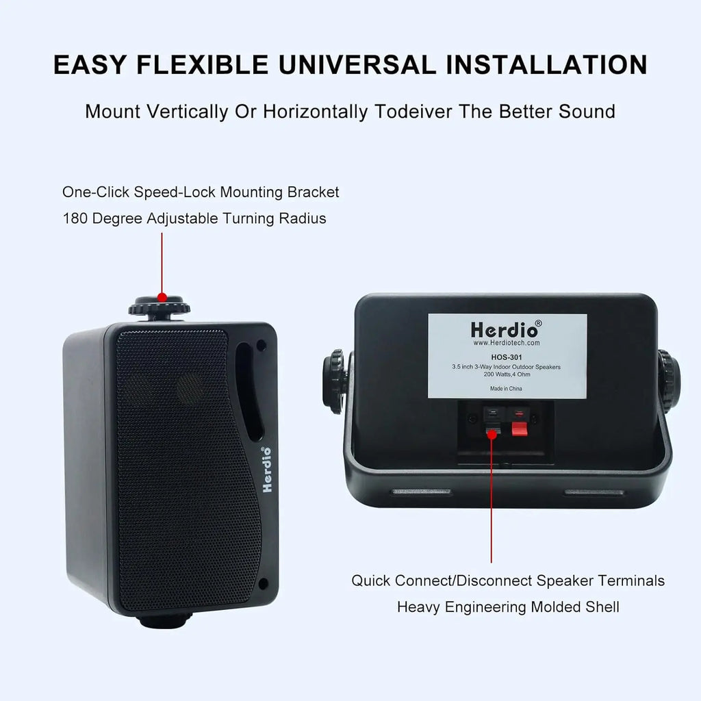 Herdio 3.5inch Outdoor Speaker 200W Waterproof Wall Mount Speakers HiFi Passive Wired 3 Way Premium Mountable Speake Black