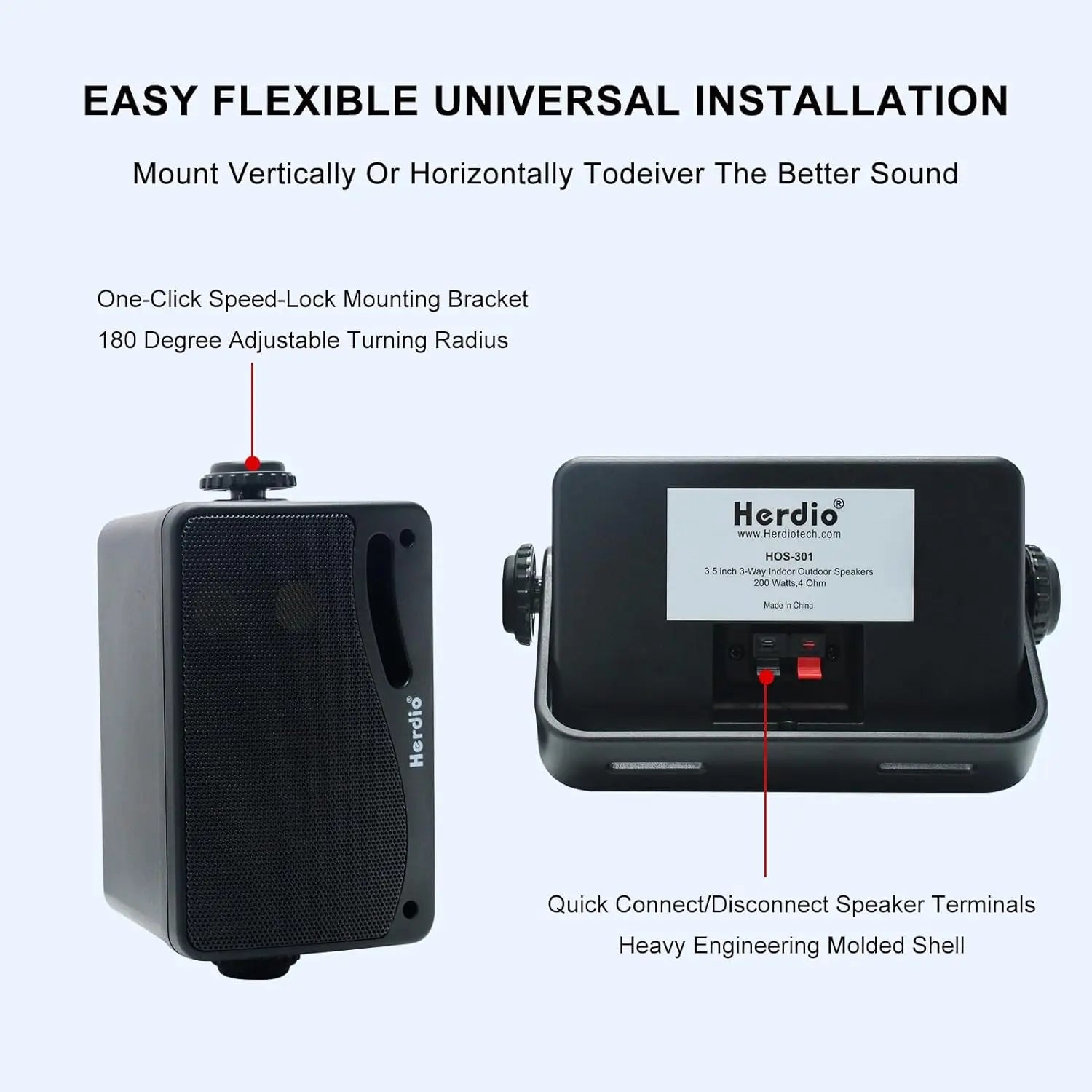 Herdio 3.5inch Outdoor Speaker 200W Waterproof Wall Mount Speakers HiFi Passive Wired 3 Way Premium Mountable Speake Black
