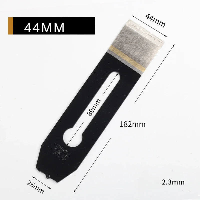 Planer blade set piece with 44mm label; black handle and gray steel cutting plate