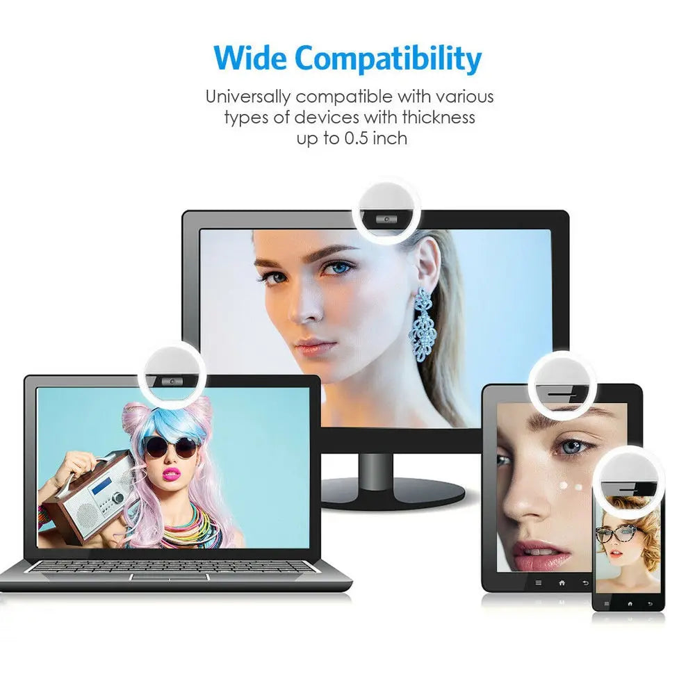 Small white circular clip-on LED ring light mounted on laptop, monitor, tablet, and smartphone screens.