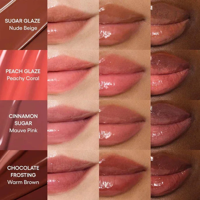 Laneige lip gloss swatch grid showing plumping, high-shine textures in nude, coral, mauve, and brown shades on lips.