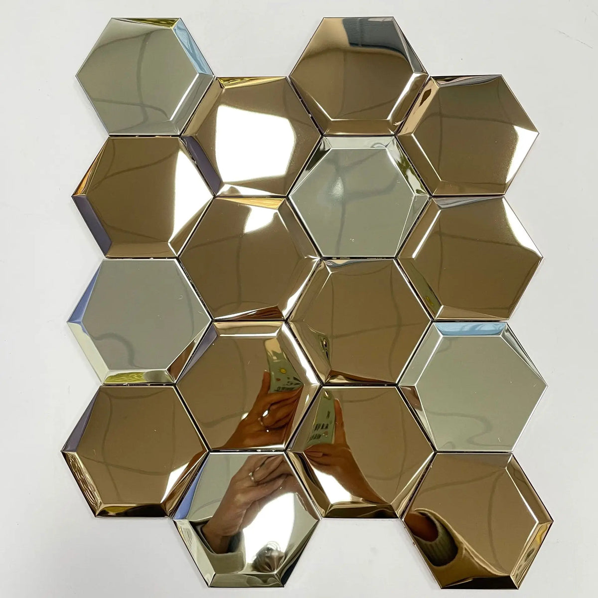Hexagon self-adhesive metal mosaic tiles panel, reflective dark bronze finish.