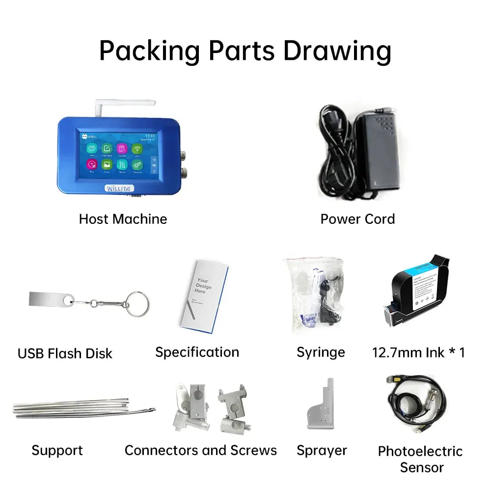 Inkjet printer kit packing parts: host machine, power cord, USB flash disk, syringe, 12.7mm ink