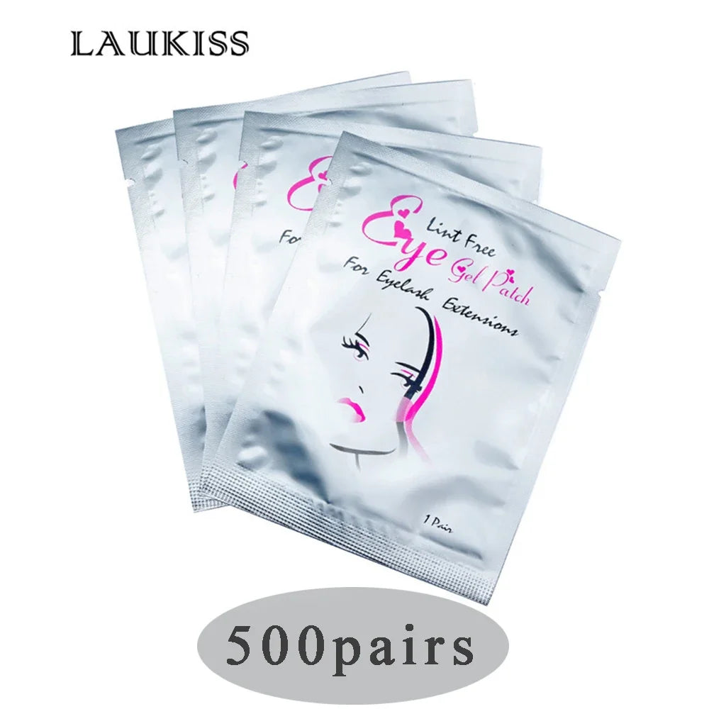 Silver foil lint-free under-eye gel patches for eyelash extensions in individual sterile packaging.