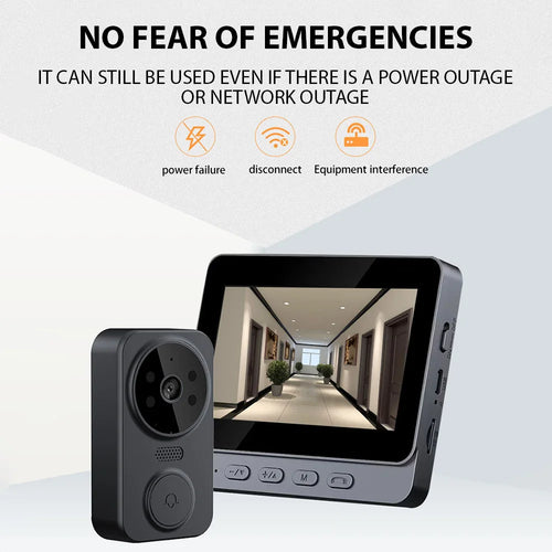 Black wireless visual doorbell display with outdoor camera module shown together