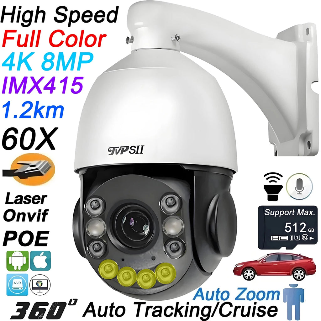 Metal Laser Infrared Full Color Auto Tracking Cruise 8MP 4K 60X Optical Zoom 360° POE PTZ High Speed Dome Surveillance IP Camera