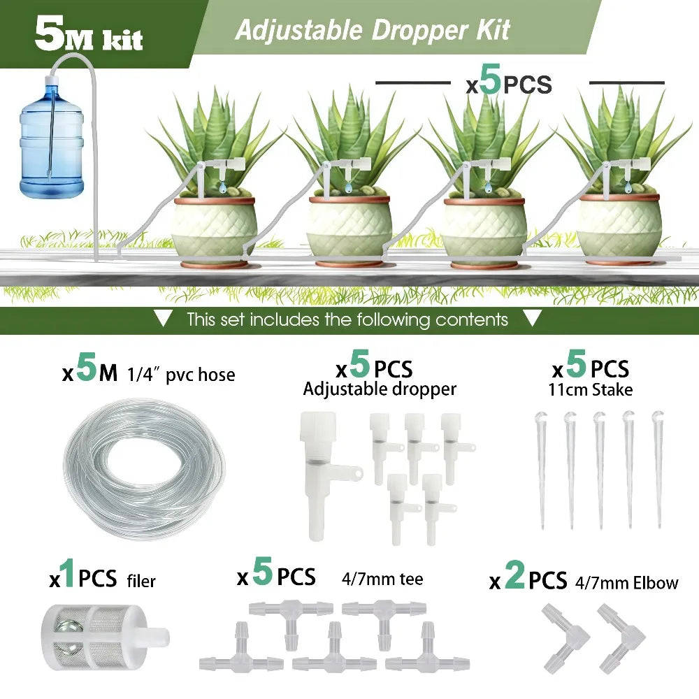 Garden drip irrigation adjustable dropper kit contents diagram, 5M kit