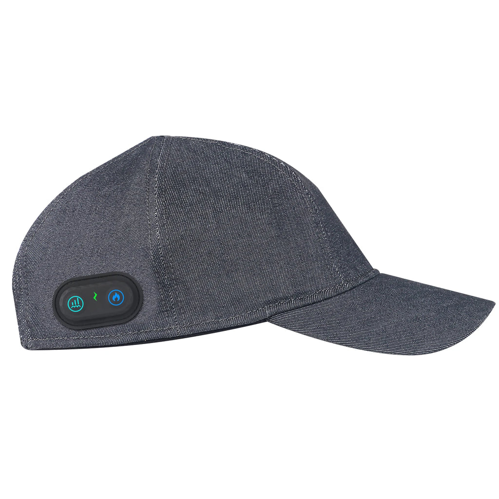 Grey denim red light therapy hair growth cap with heating control button for anti-hair loss and scalp relaxation.