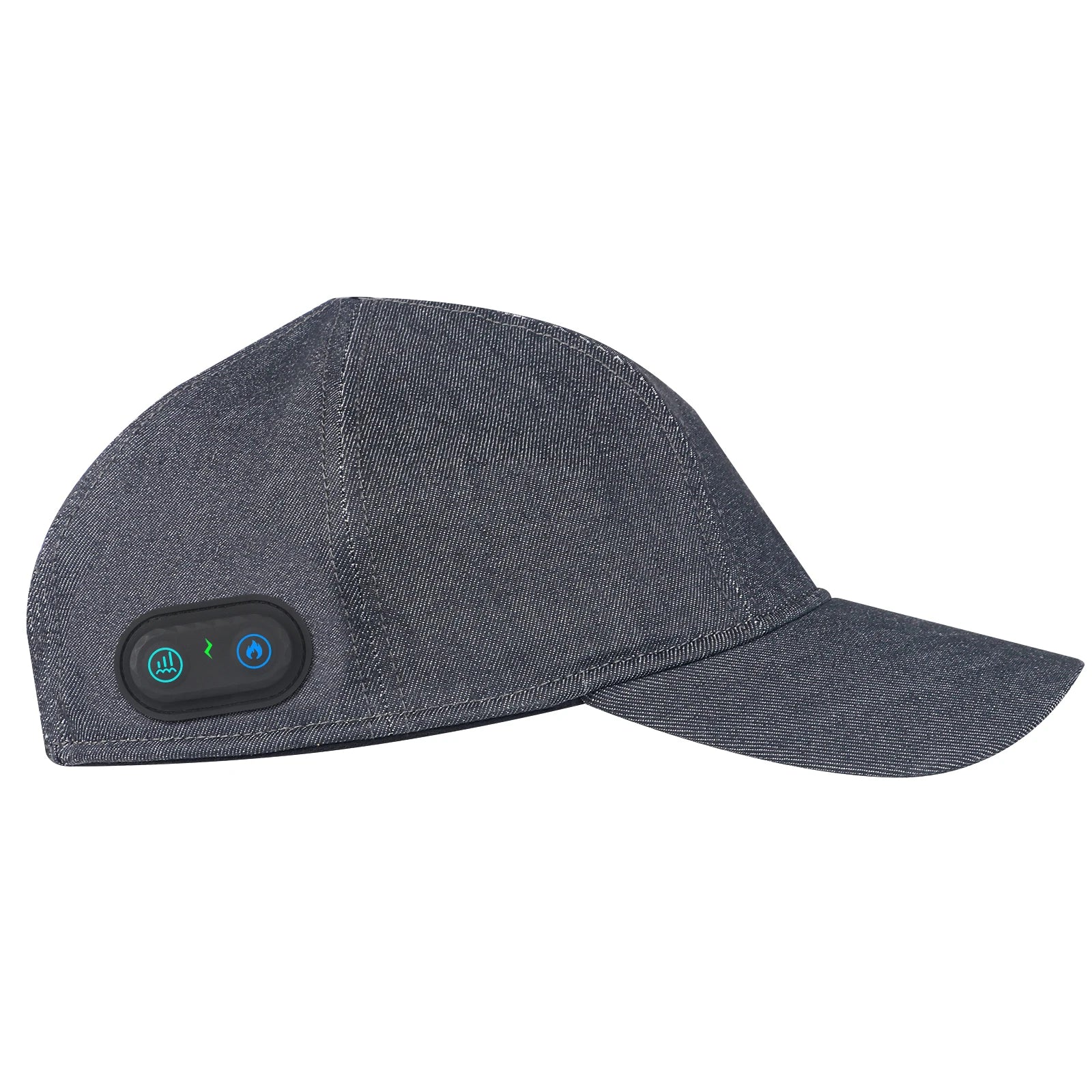 Grey denim red light therapy hair growth cap with heating control button for anti-hair loss and scalp relaxation.