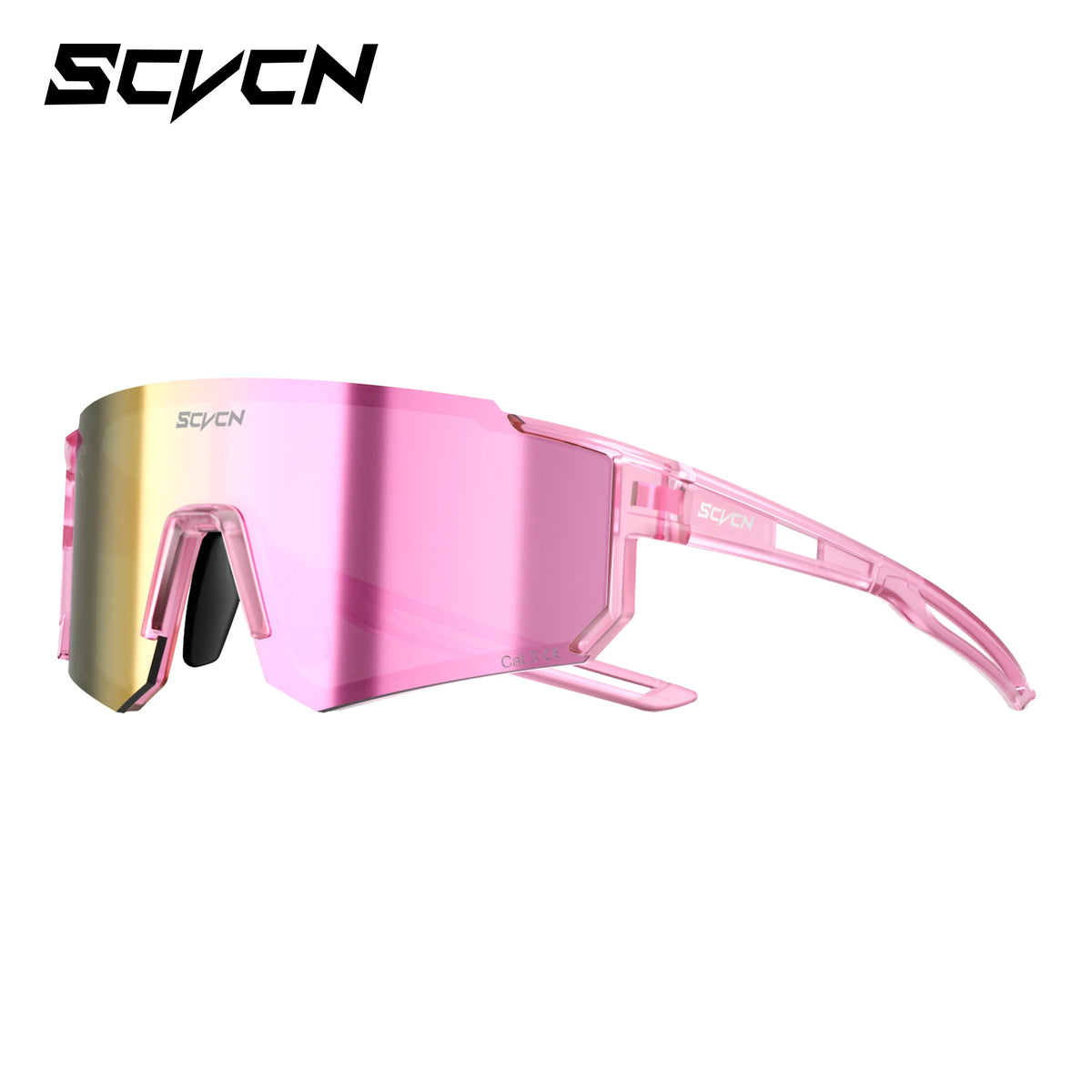 Cycling sport sunglasses with pink mirrored lens and light pink frame, side shield